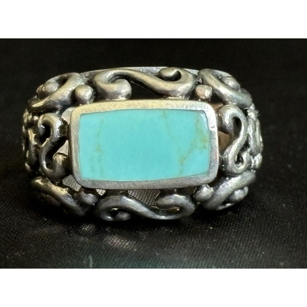 Vintage Sterling Silver & Turquoise Statement Ring Size 6.5 Scrollwork .60" Wide